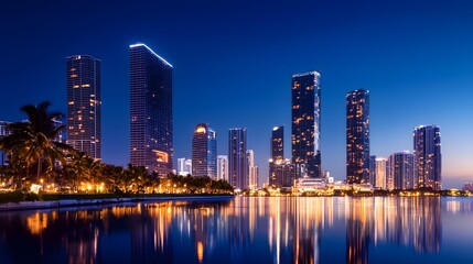 Fototapeta premium Vibrant City Skyline at Night with Reflections in Water and Illuminated Buildings