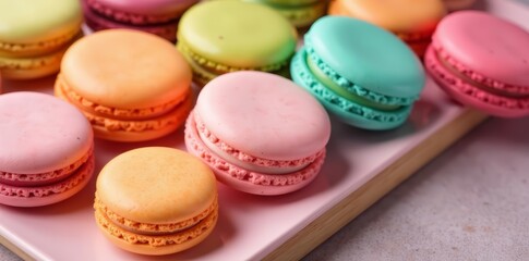 Colorful and appetizing macaroon assortment featuring a variety of fruity pastel flavors for a delightful snack experience, macaroon, pastel