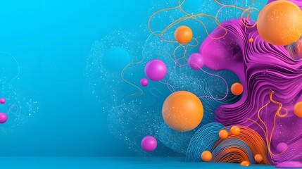 Dynamic Abstract Composition with Colorful Spheres and Fluid Shapes on a Bright Blue Background