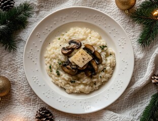 Creamy mushroom risotto, festive presentation
