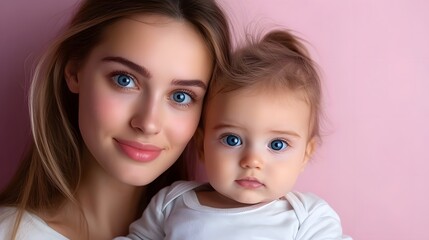 Portrait of a Smiling Mother and Baby with Blue Eyes on a Soft Pink Background