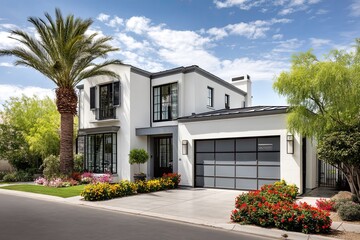 A contemporary home with soft white stucco walls and dark gray windows and doors