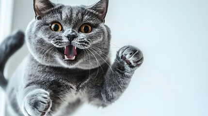 Playful Gray Cat Jumping in Excitement with Happy Expression in Bright Indoor Setting