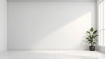Minimalist interior photo shows an empty room with white walls with natural light coming in, creating soft shadows on the walls.