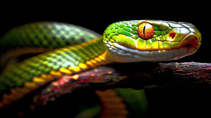 Obraz premium Close-Up of a Colorful Green Snake Slithering on a Branch in a Dark Forest Environment