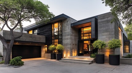 A contemporary house with black aluminum door frames and rough-textured concrete stone walls