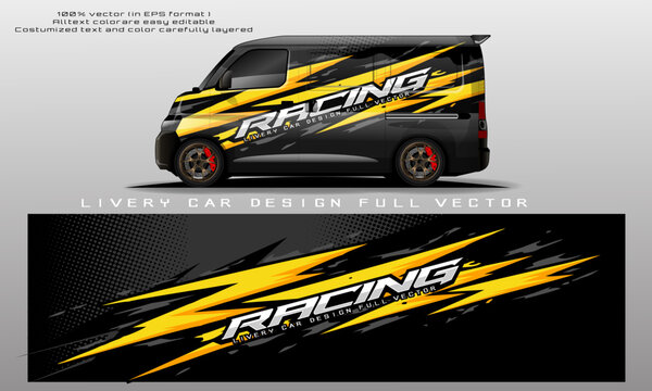 Custom van livery design vector  modern racing inspired vehicle wrap with bold black, yellow, and orange graphics. Side view of a modified van with performance wheels, large rear spoiler, and sporty 