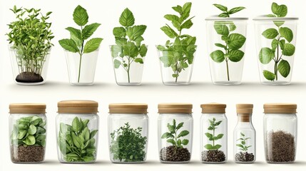 Fototapeta premium Fresh herbs displayed in glass containers, showcasing vibrant greens and organized arrangement, ideal for culinary use