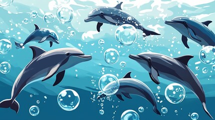 Naklejka premium Playful dolphins swim amid bubbles in a vibrant underwater scene with multiple dolphins