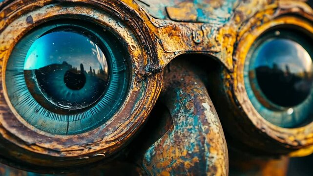 Rusty metal owl sculpture, close-up view