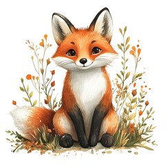Fototapeta premium Cute Orange Fox Sitting in Floral Grass Illustration