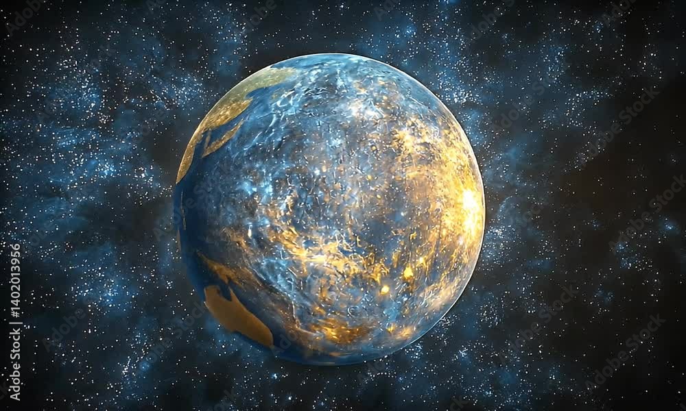 Wall mural bright glowing planet surrounded by stars in a dark cosmic background with ethereal light in space