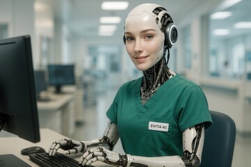 Humanoide Roboterin mit Namensschild „EVITA-KI“ in OP-Kleidung arbeitet konzentriert am Computer in einem modernen Krankenhaus, Symbol für empathische, identifizierbare Medizintechnik.
