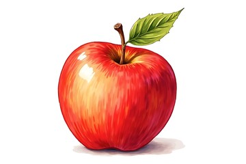 A vibrant red apple illustration juicy and ripe with a single green leaf detailed painting style