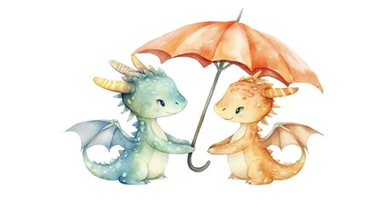 Obraz premium Adorable Two Dragons Sharing Umbrella in Soft Pastel Colors Watercolor
