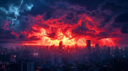 Fototapeta premium A dramatic cityscape illuminated by a fiery storm, showcasing vibrant colors and lightning.