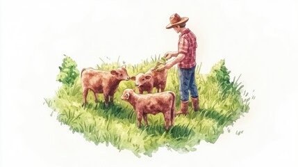 Young Farmer Gently Feeding Calves in Vibrant Green Pasture Scene Watercolor