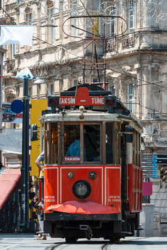 Red tram in Taksim, Istanbul, Turkey