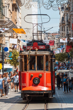 Iconic red tram in Istiklal Caddesi, Taksim, Istanbul, Turkey