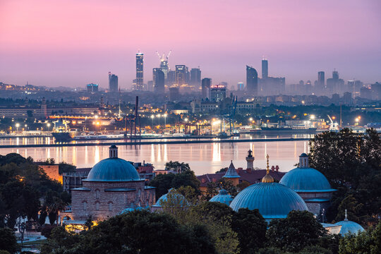 Dawn over city skyline and sea, Istanbul, Turkey