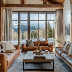A cozy mountain home living room with panoramic views.
