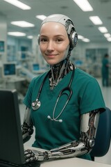 Lächelnde humanoide Roboterin mit OP-Kleidung und Stethoskop in moderner Klinik, freundliche medizinische Assistenz durch künstliche Intelligenz, fotorealistische Illustration.