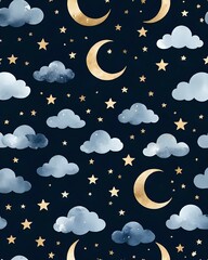 Night Sky Wallpaper Pattern with Moons, Stars and Clouds on Navy Background