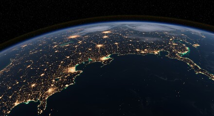 Obraz premium Earth's Night Lights - Stunning view of Earth at night, showcasing city lights and coastlines from space. A beautiful depicting global illumination