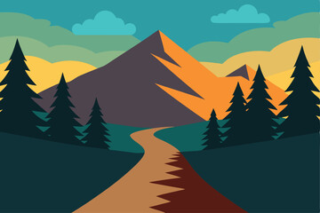 Mountain trail through pine forest at dawn vector illustration