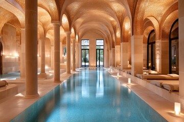 Fototapeta premium Luxurious indoor swimming pool reflecting warm lights in a spa
