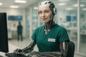 Realistische humanoide Roboterin mit medizinischer Kleidung und Namensschild EVITA-KI an Computerarbeitsplatz in moderner Klinik, futuristisches 3D-Rendering.