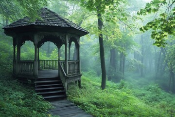 Wooden gazebo in a misty forest inviting to meditation