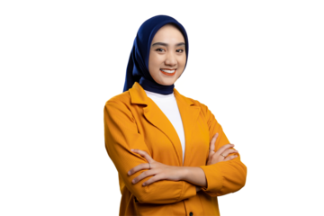Confident young Asian woman standing with crossed arms and smiling at camera isolated on transparent background