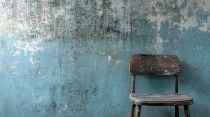 Vintage Wooden Chair Against Textured Blue Grungy Wall Background