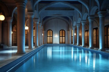 Luxurious indoor swimming pool with columns and arches in a palace