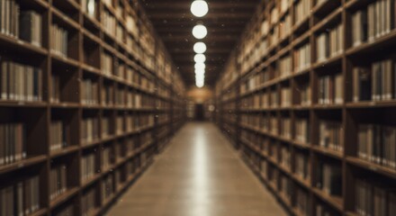 Serene Library Corridor - A tranquil of a long library corridor, filled with bookshelves, softly lit, creating a peaceful atmosphere