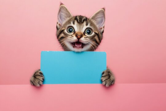 Ð¡ute cat american bobtail hold in front paws a layout - large blue alley sign. Blank board furry pose. Fluffy pet sign holder. Isolated baby feline on a solid dress code pink background.