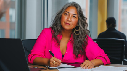 Mature Aboriginal Woman with Gray Hair in Pink Blazer – Ideal for Business & Cultural Branding