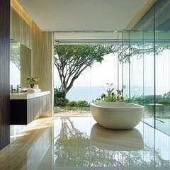 A luxurious coastal bathroom with an outdoor view.