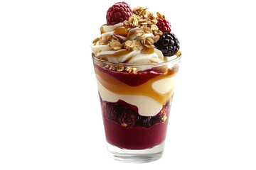 Delightful berry dessert parfait layers creamy yogurt granola sweet caramel raspberries blackberries