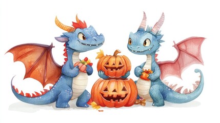 Naklejka premium Two Colorful Dragons Celebrating Halloween with Pumpkins and Treats Watercolor