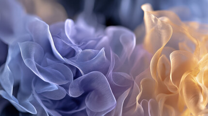 A stylized close-up of ethereal petals in flow, hues of periwinkle blue, pale gold and soft blush
