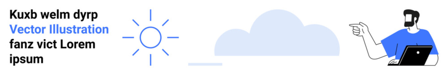 Man interacting with laptop while pointing at bright sky with sun and cloud. Ideal for technology, innovation, weather apps, creative ideas, remote work, communication, flat landing page banner