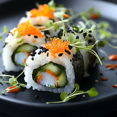 Sushi Roll with Fish Roe, Spicy Sauce, and Microgreens,Sushi Roll with Fish Roe and Spicy Sauce Topped with Microgreens,elaborate Sushi Rolls with Tobiko,uramaki Sushi Rolls with Tobiko,Japonese Sushi