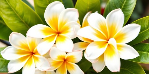 Delicate watercolor plumeria blossoms, vibrant yellow and white petals, lush green leaves, flowers, wallpaper