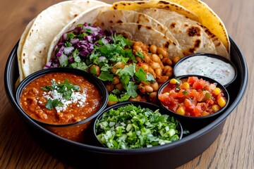 Delicious mexican meal with tortillas, chickpeas, dips and herbs served on round black tray