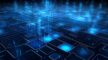 Digital ocean of glowing blue data streams flowing across a network of interconnected squares creating a futuristic, vibrant technology landscape.