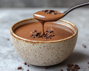Delicious melted chocolate in a rustic bowl, topped with delectable chocolate shavings. Perfect for desserts.