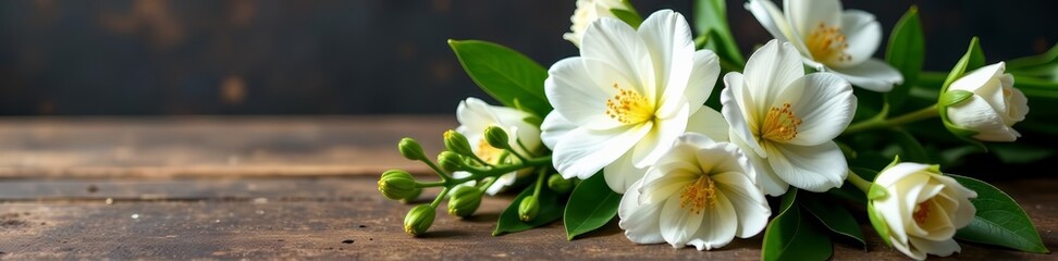 Elegant white floral arrangement with gold accents on a rustic wooden table, table, wedding, wooden