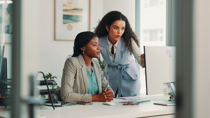 Teamwork, business people and women in office, computer and help with conversation, publishing and...